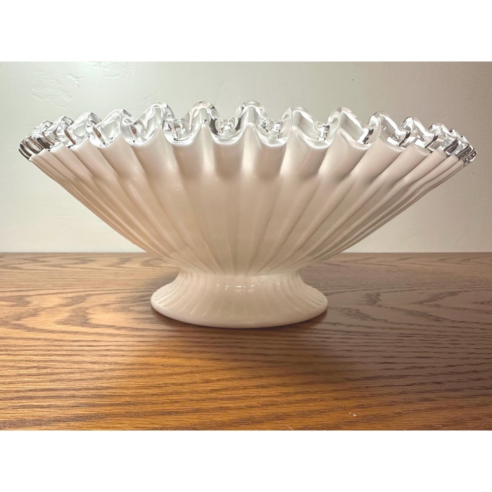 Vintage  Fenton Silver Crest Milk Glass Bowl with Ruffled Clear Edge 5823 SC 11"